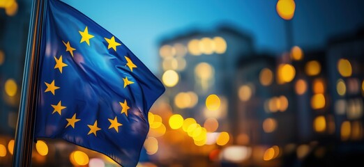 Poster - European Union Flag Waving Against Blurred City Lights at Dusk, Symbolizing Unity and Cooperation, copy space for text