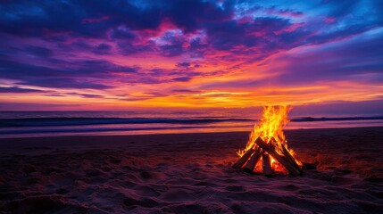 Wall Mural - Serene Beach Campfire at Sunset with Vibrant Sky and Ocean Waves