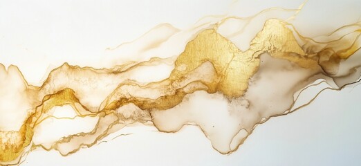 Poster - Abstract gold and white fluid art with elegant waves and textures, showcasing a blend of soft hues and metallic accents, copy space for text