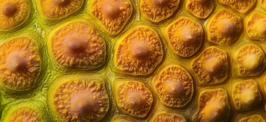 Poster - Close-up of textured surface showcasing vibrant yellow and orange patterns resembling a natural sponge or coral structure, copy space for text