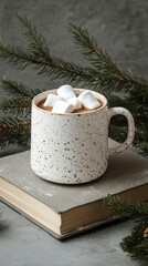 Wall Mural - Cozy winter composition with speckled ceramic mug filled with hot chocolate and marshmallows, placed on vintage book with evergreen pine branches creating festive mood.