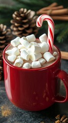 Wall Mural - Festive red ceramic mug filled with hot chocolate and topped with fluffy white marshmallows and candy cane, surrounded by pine cones and cinnamon sticks on dark surface.