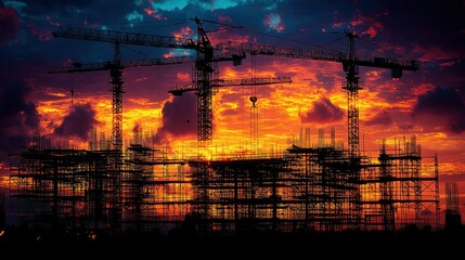 Poster - Construction site silhouetted against a vibrant sunset.
