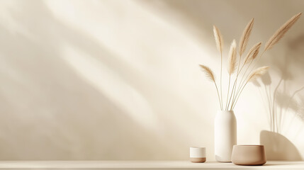 Poster - elegant arrangement of minimalist vases with dry flowers and soft shadows in a tranquil setting