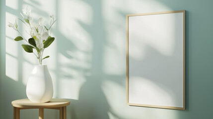 Poster - elegant indoor corner featuring a vase with flowers and a blank framed wall in soft natural light
