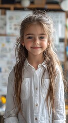 Poster - proud young student showcasing science fair project in classroom with curious peers