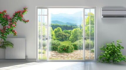 Aufkleber - Wall mounted air conditioner providing cool air in a bright room with an open window overlooking lush greenery. Generative AI