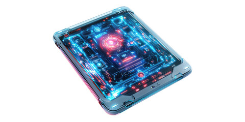 Futuristic blue and red circuit board isolated on transparent background