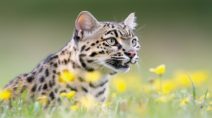 Wall Mural - Close-up of a fishing cat in a field of yellow flowers.