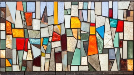 Fototapete - An abstract mosaic glass design featuring bold multicolored tiles with glowing highlights and fine geometric details.