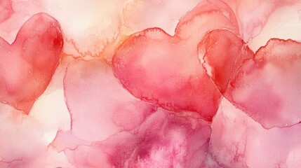 Fototapete - An abstract watercolor design featuring overlapping hearts in soft pinks and reds, with glowing accents.
