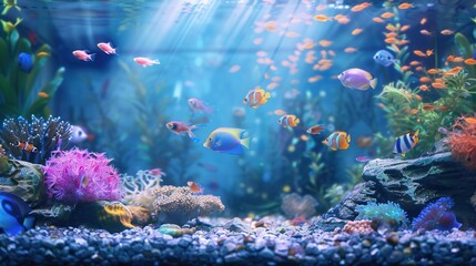 Aufkleber - Colorful aquarium fish swimming amidst vibrant coral reefs in an enchanting underwater world. Generative AI