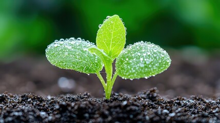 Canvas Print - Dew-kissed seedling sprouting from rich soil.