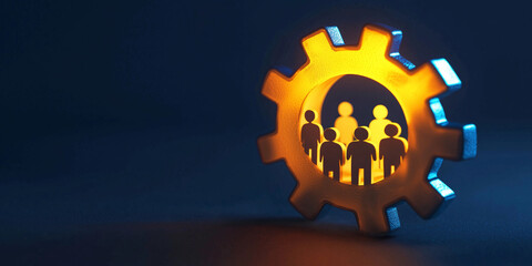 Poster - A glowing gear with human figures in the center represents integration, collaboration, and operational synergy within a mechanical and technological system.