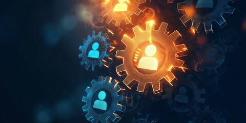 Poster - Multiple glowing gears with user icons symbolize digital connections, teamwork, and innovation in a futuristic interconnected system.