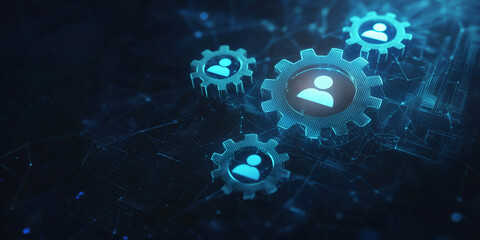Poster - Multiple glowing gears with user icons symbolize digital connections, teamwork, and innovation in a futuristic interconnected system.