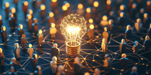 Poster - A glowing lightbulb in a network of connected people highlights creativity, innovation, teamwork, and collaborative problem-solving in a conceptual digital environment.