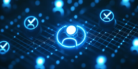 Poster - Multiple illuminated user icons in a blue grid represent digital connections, identity verification, and technological networking.