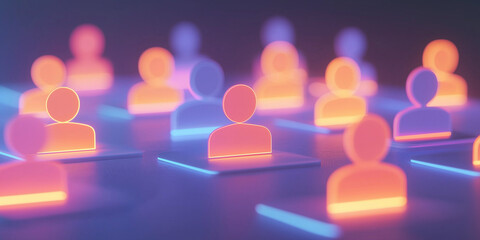 Poster - Neon user icons in a vibrant layout represent individuality, connectivity, and innovative technology in a futuristic setting.