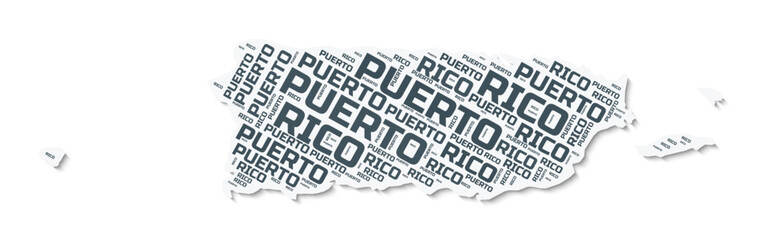 Poster - Puerto Rico shape text cloud. Country border with shadow on white background. Puerto Rico with regions division in vintage gazette style. Classy vector illustration.