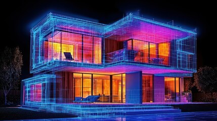 Poster - Futuristic house design with glowing wireframe structure.