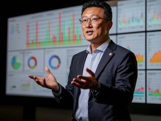Poster - Asian Businessman Presenting Data Insights in Front of Large Screens