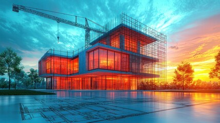 Poster - Modern building under construction with vibrant sunset.