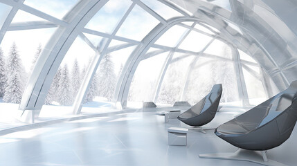 Poster - A white room with chairs and a good view. Futuristic business room, for work and meetings