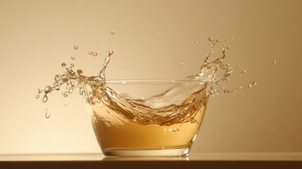 Fototapete - Liquid blown by wind, forming dynamic arcs and splashes against a softly lit background.
