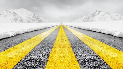 Canvas Print - Snowy mountain road with yellow lines vanishing into the distance.