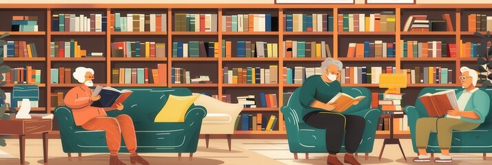 Poster - Elderly individuals engaged in reading and studying within a cozy library environment during daytime hours. Generative AI