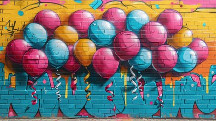 Wall Mural - A vibrant mural featuring colorful balloons against a bright background.