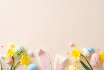 Wall Mural - bright and festive easter decoration with colorful eggs, bunny ears, and daffodils on pastel backdro