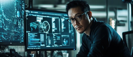 Poster - Innovative Asian Designer Creating High-Tech 3D Models in Modern Workspace