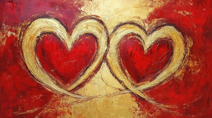 Fototapete - Vibrant red and gold abstract strokes creating the illusion of love symbols on a textured canvas.