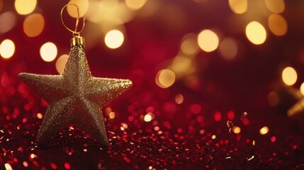 Poster - Sparkling gold holiday decorations and stars glowing against a deep red background, perfect for party or holiday themes.