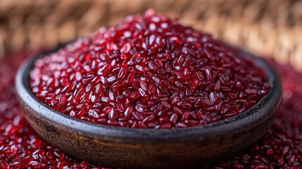 Close-up of red rice grains in a dark bowl.