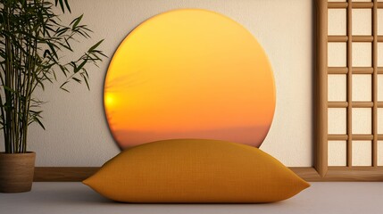 Sticker - A cozy interior featuring a circular sunset mural and an orange pillow, creating a warm and inviting atmosphere.