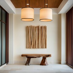 Wall Mural - A modern entryway featuring natural wood accents, pendant lighting, and an artistic wall piece, creating a warm and inviting atmosphere.