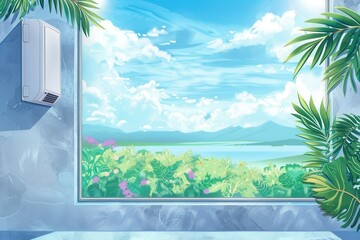 Aufkleber - Air conditioning unit on the wall beside an open window with a scenic view of mountains and greenery. Generative AI