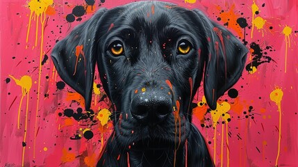 Wall Mural - A vibrant painting of a black dog with colorful splashes against a pink background.