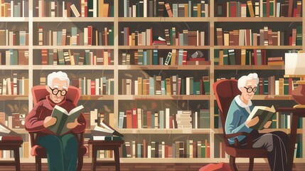 Poster - Elderly individuals engaged in reading and studying in a cozy library setting. Generative AI
