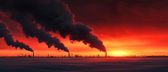 Wall Mural - a dramatic sunset silhouetted against industrial smokestacks, emitting dark smoke, reflecting the cl