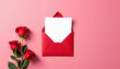 © Rafail - Red envelope with a white letter and red roses on a soft pink background for love and romance theme