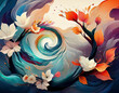 © 100ME - 桜、菖蒲、紅葉、椿の花をモチーフに季節の移り変わりを表現し、花の色合いが優しくグラデーションする現代的でアブストラクトなしめ縄のイメージ描写