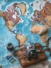 Aufkleber - Travel memories captured on a vintage camera atop a world map with postcards and travel essentials. Generative AI