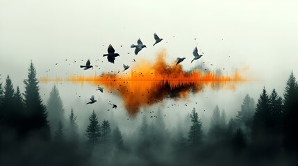 Poster - Spectral Analysis of Avian Soundscapes Captivating Visualization of Bird Flock Vocalizations Detailed Digital Showcasing the Intricate Acoustic Patterns and Diversity of Complex Bird Calls
