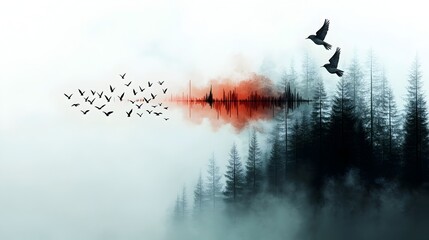 Poster - Detailed spectrogram visualization showcasing the frequency content and dynamic waveform patterns of a bird flock s overlapping vocalizations