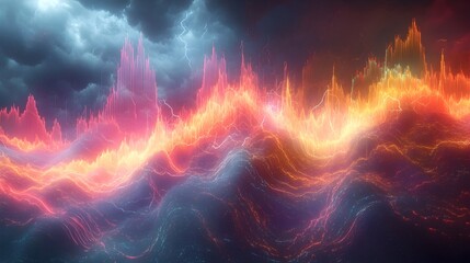 Poster - Ethereal Spectrogram Visualizing Thunderstorm s Lightning Discharges and Energy Spectrum   Dynamic Color Gradients and Waveform Patterns Depicting the Intensity and of Electrical Charges