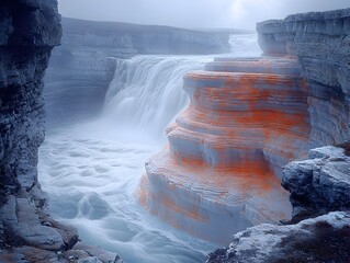 Poster - Expressionistic infrared spectrogram visualization capturing the complex rhythms and harmonics of a cascading mountain river with an abstract